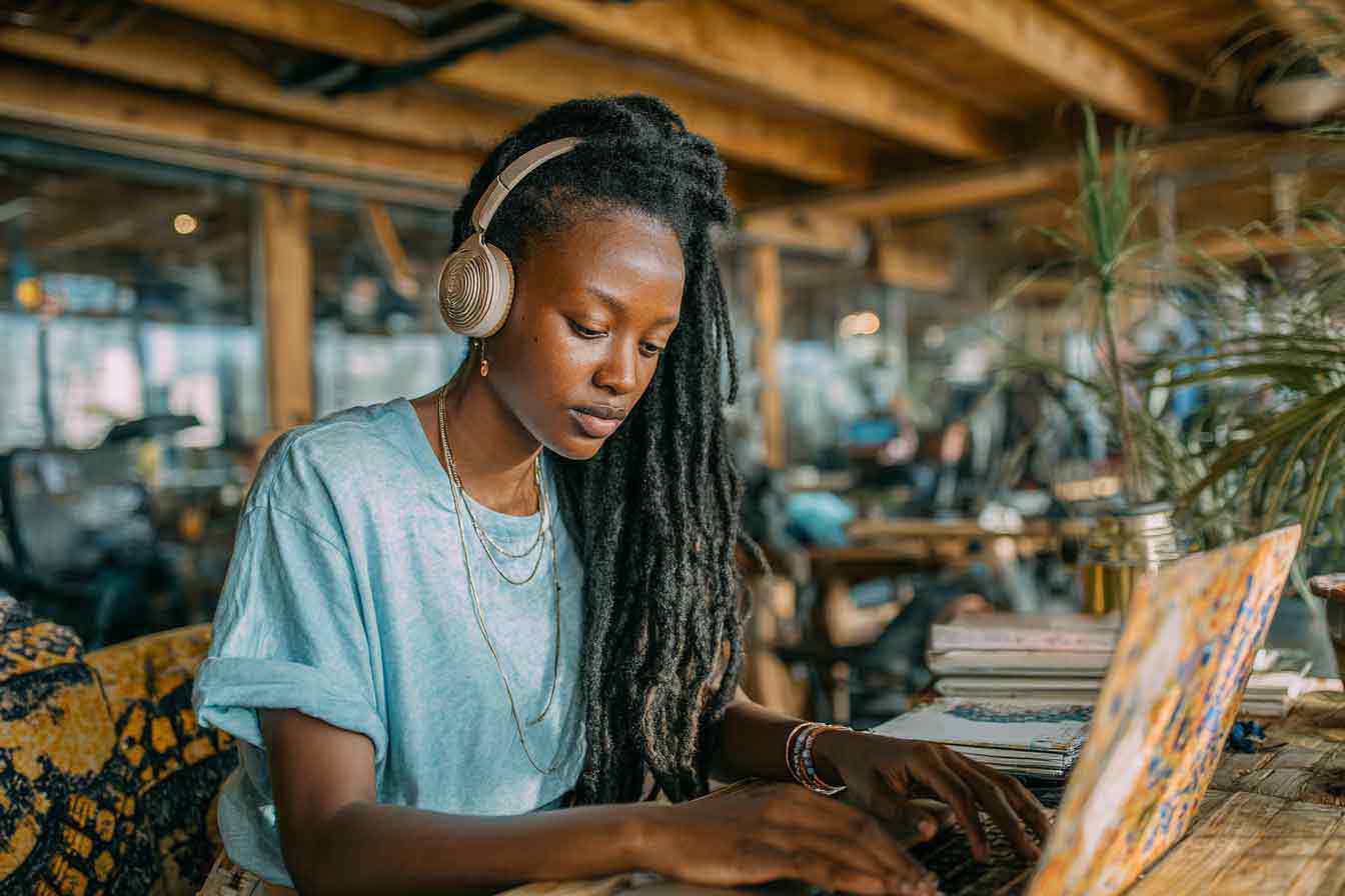 Students collaborating on game development projects on computers in a modern learning environment